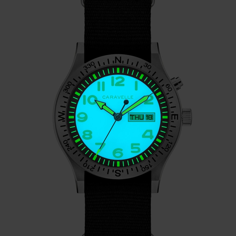 Main Image 2 of Men’s Caravelle by Bulova Traditional Lite Up Analog Watch with Blue Dial and Compass Bezel (Model: 43C126)
