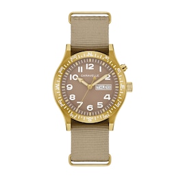 Men’s Caravelle by Bulova Traditional Lite Up Gold-Tone IP Analog Watch with Taupe Dial and Compass Bezel (Model: 44C113)