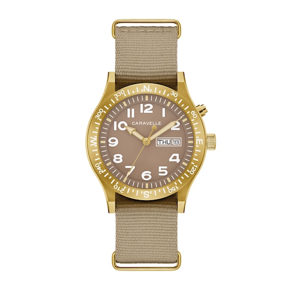 Menâs Caravelle by Bulova Traditional Lite Up Gold-Tone IP Analog Watch with Taupe Dial and Compass Bezel (Model: 44C113)