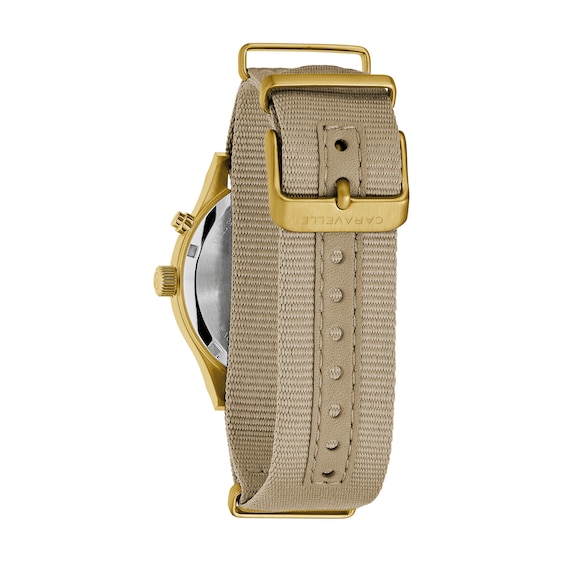 Menâs Caravelle by Bulova Traditional Lite Up Gold-Tone IP Analog Watch with Taupe Dial and Compass Bezel (Model: 44C113)