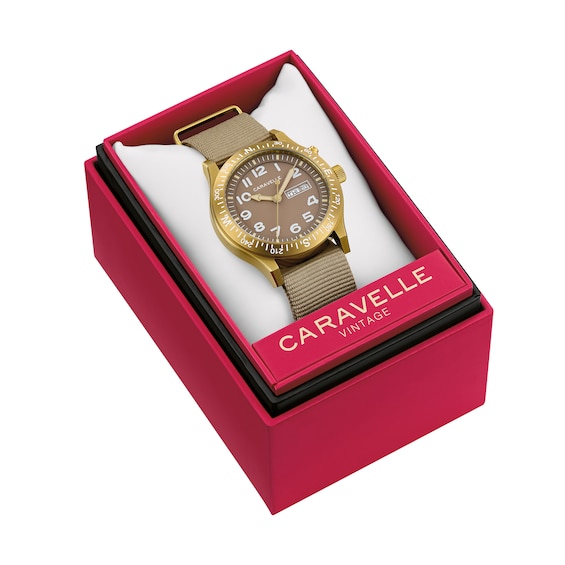Menâs Caravelle by Bulova Traditional Lite Up Gold-Tone IP Analog Watch with Taupe Dial and Compass Bezel (Model: 44C113)