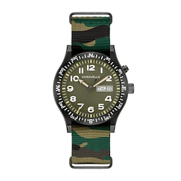 Men’s Caravelle by Bulova Traditional Lite Up Black IP Analog Watch with Green Dial and Compass Bezel (Model: 45C121)