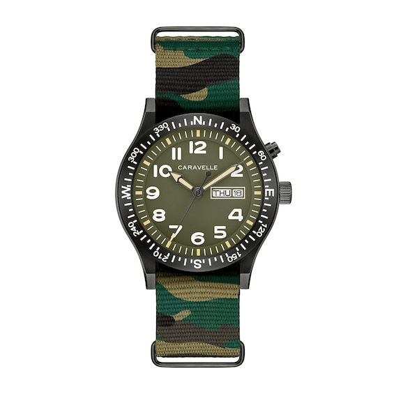 Men’s Caravelle by Bulova Traditional Lite Up Black IP Analog Watch with Green Dial and Compass Bezel (Model: 45C121)