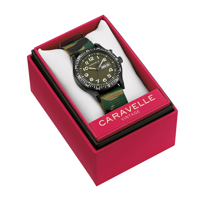 Main Image 5 of Men’s Caravelle by Bulova Traditional Lite Up Black IP Analog Watch with Green Dial and Compass Bezel (Model: 45C121)