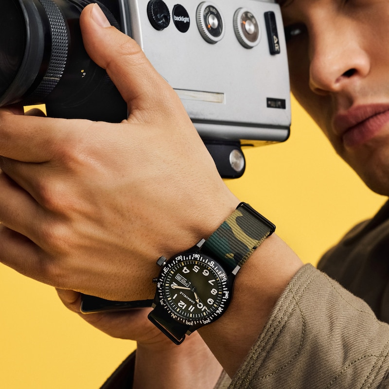 Main Image 6 of Men’s Caravelle by Bulova Traditional Lite Up Black IP Analog Watch with Green Dial and Compass Bezel (Model: 45C121)