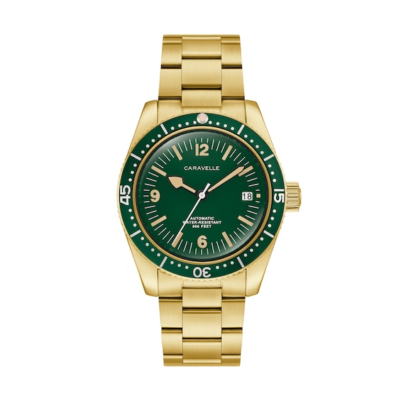 Menâs Caravelle by Bulova Vintage Sport Sea Hunter Gold-Tone IP Automatic Watch with Green Dial (Model: 44B128)