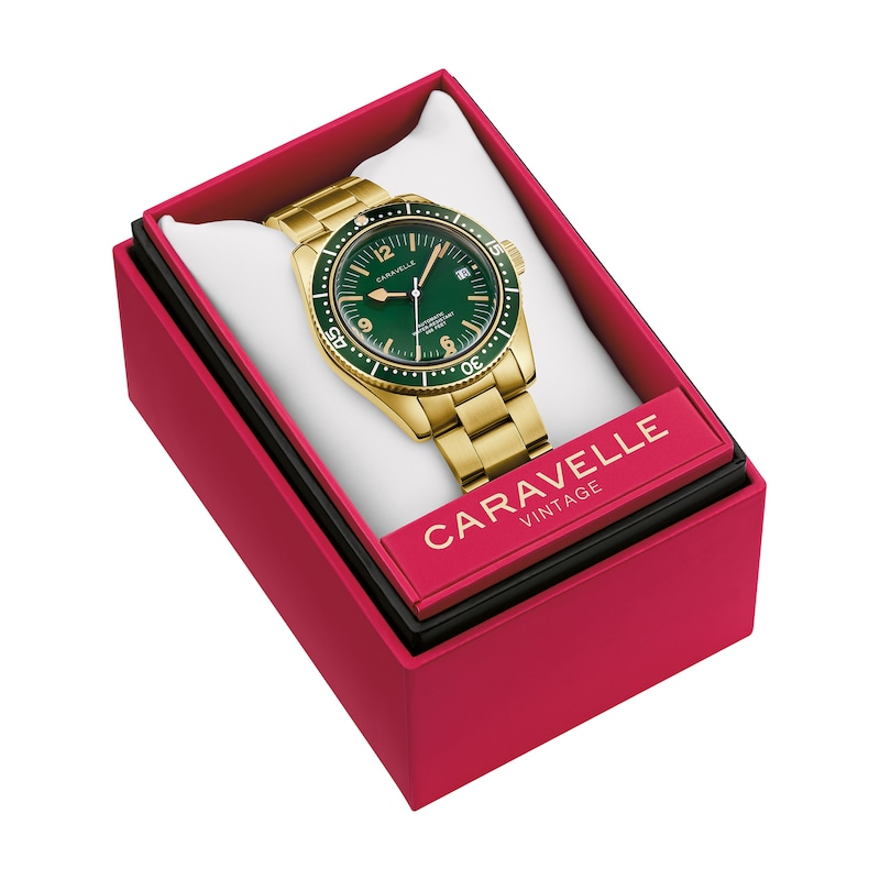 Main Image 4 of Men’s Caravelle by Bulova Vintage Sport Sea Hunter Gold-Tone IP Automatic Watch with Green Dial (Model: 44B128)