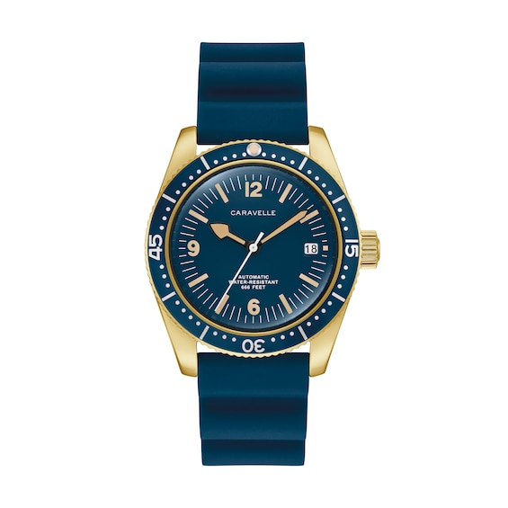 Menâs Caravelle by Bulova Vintage Sport Sea Hunter Gold-Tone IP Automatic Watch with Blue Dial (Model: 44B129)