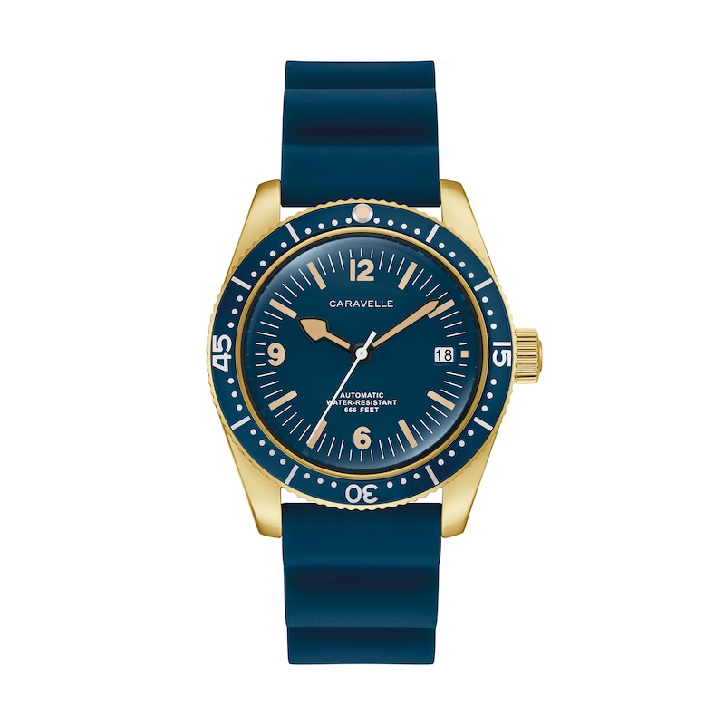 Main Image 1 of Men’s Caravelle by Bulova Vintage Sport Sea Hunter Gold-Tone IP Automatic Watch with Blue Dial (Model: 44B129)