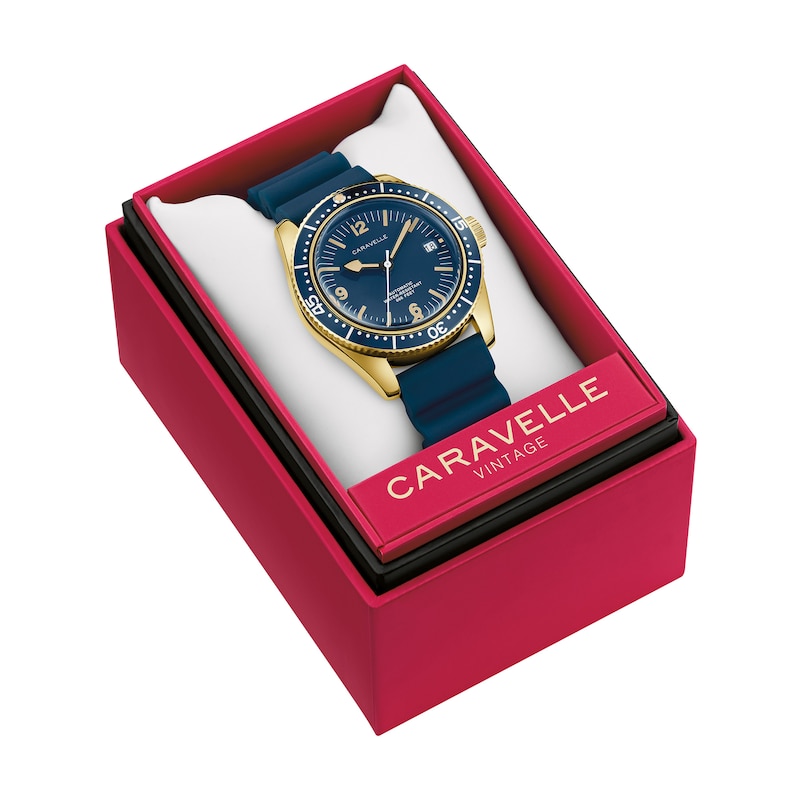 Main Image 4 of Men’s Caravelle by Bulova Vintage Sport Sea Hunter Gold-Tone IP Automatic Watch with Blue Dial (Model: 44B129)