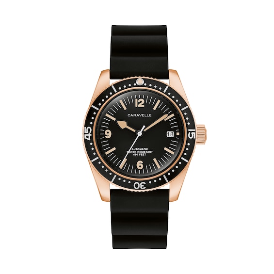 Menâs Caravelle by Bulova Vintage Sport Sea Hunter Rose-Tone IP Automatic Watch with Black Dial (Model: 44B130)