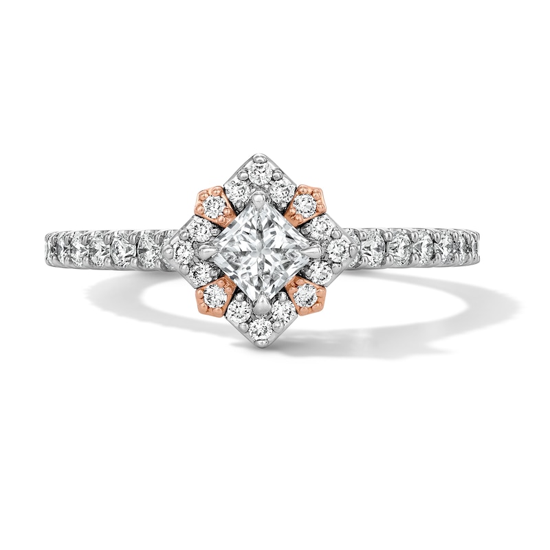 Main Image 1 of Enchanted Disney Aurora 7/8 CT. T.W. Princess-Cut Diamond Frame Engagement Ring in 14K Two-Tone Gold