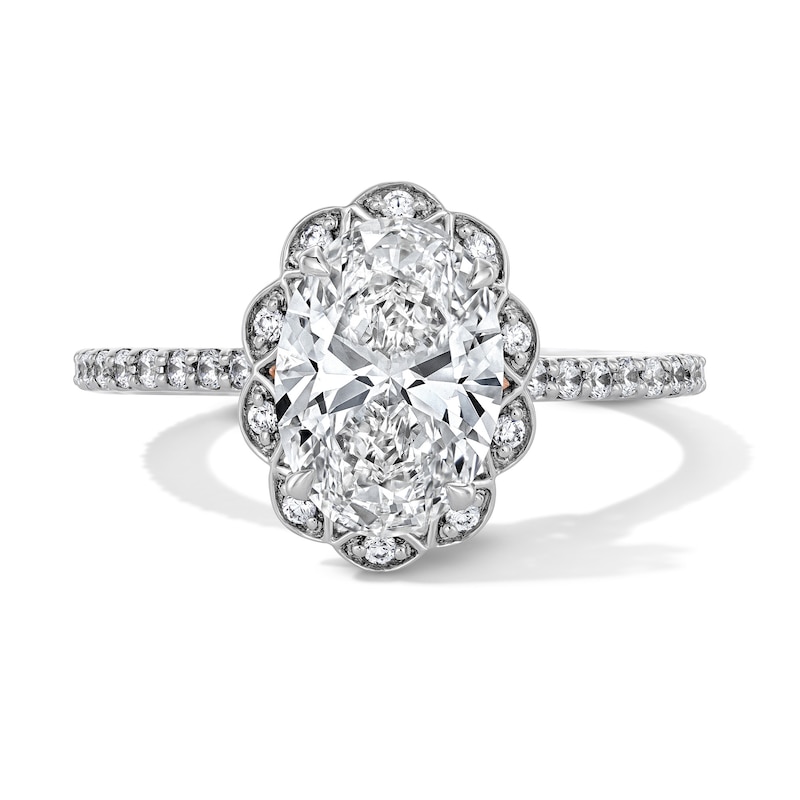Main Image 1 of Enchanted Disney Belle 2-3/8 CT. T.W. Oval Certified Lab-Grown Diamond Frame Engagement Ring in 14K Two-Tone Gold (F/VS2)