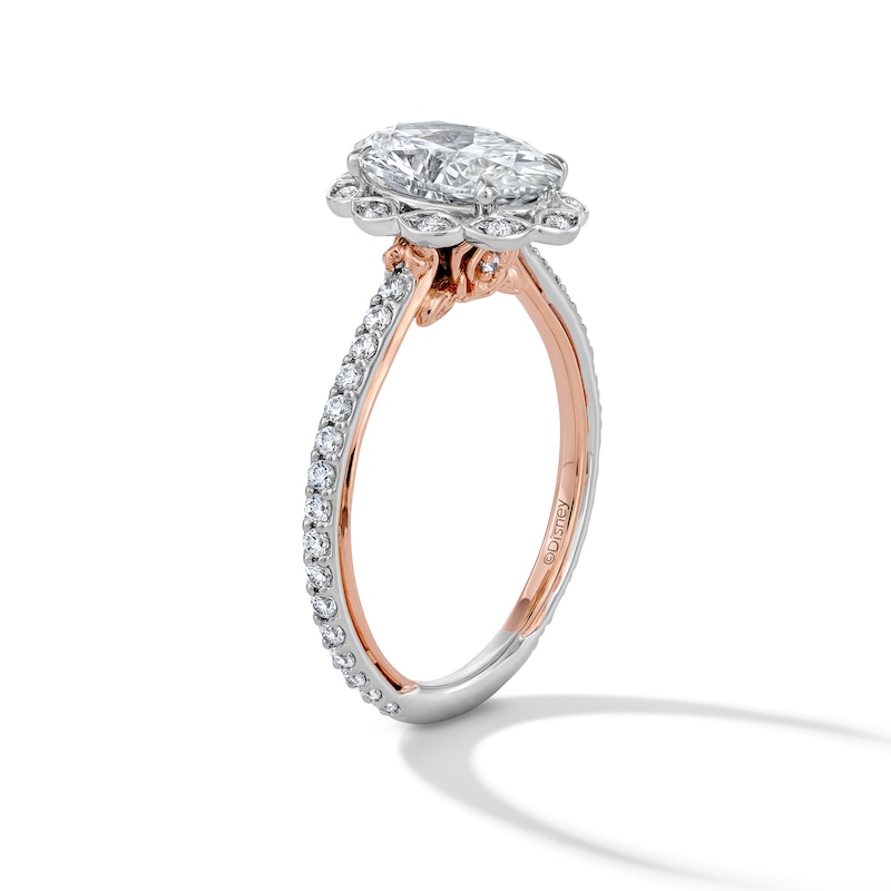 Main Image 5 of Enchanted Disney Belle 2-3/8 CT. T.W. Oval Certified Lab-Grown Diamond Frame Engagement Ring in 14K Two-Tone Gold (F/VS2)