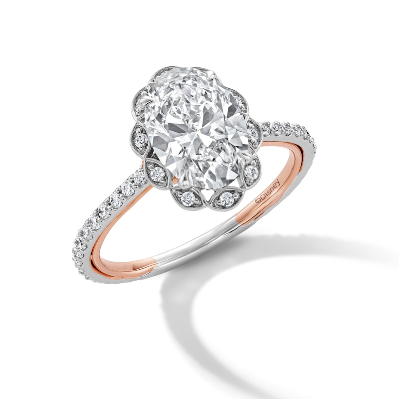 Main Image 6 of Enchanted Disney Belle 2-3/8 CT. T.W. Oval Certified Lab-Grown Diamond Frame Engagement Ring in 14K Two-Tone Gold (F/VS2)