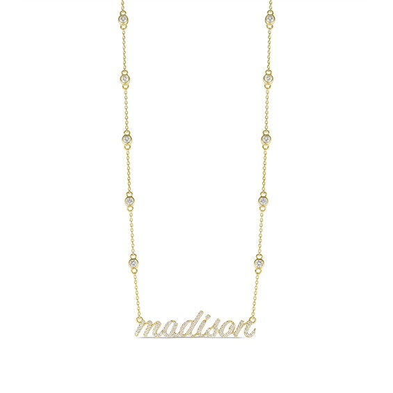 White Lab-Created Sapphire Station Chain Lowercase Script Nameplate Necklace (1 Name)