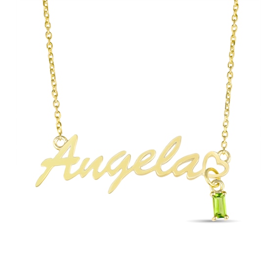 Baguette-Cut Birthstone Charm Script Nameplate Necklace (1 Name)