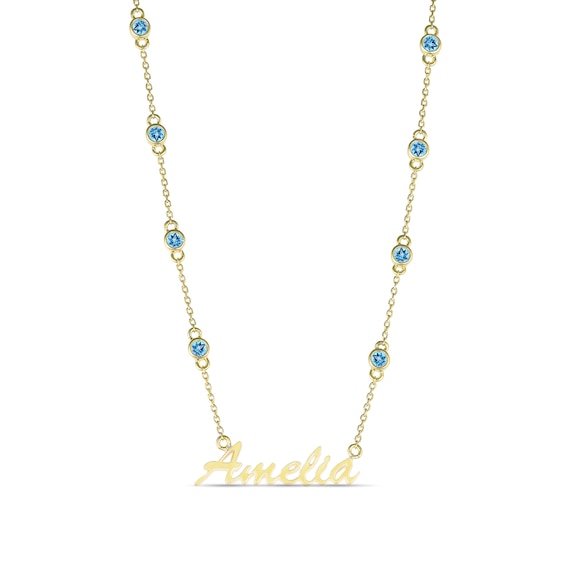 Gemstone Station Chain Script Nameplate Necklace (1 Stone and Name)