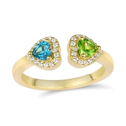 Heart-Shaped Birthstone and White Lab-Created Sapphire Frame Couple’s Ring (2 Stones)