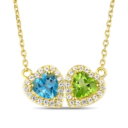 Heart-Shaped Birthstone and White Lab-Created Sapphire Frame Couple’s Necklace (2 Stones)