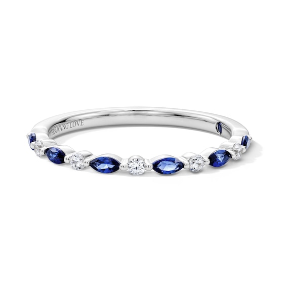 Vera Wang Love Collection 1/15 CT. T.w. Diamond and Marquise-Cut Sapphire Wedding Band in 14K White Gold