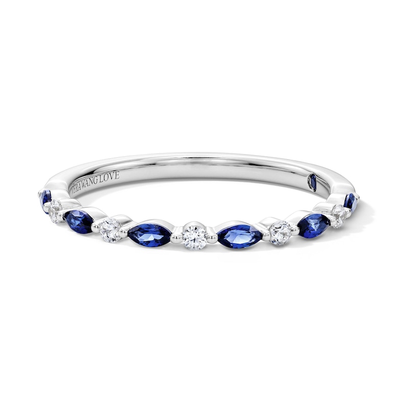Main Image 1 of Vera Wang Love Collection 1/15 CT. T.W. Diamond and Marquise-Cut Sapphire Wedding Band in 14K White Gold