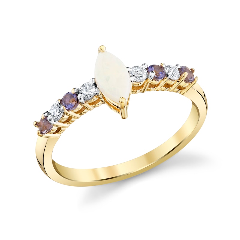 Main Image 1 of Marquise-Cut Opal, Blue Iolite and 1/8 CT. T.W. Diamond Fashion Ring in 10K Gold