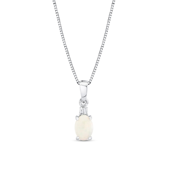 Oval Opal and Baguette-Cut Diamond-Accent Pendant in 10K White Gold