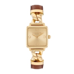 Ladies' Coach Cass Gold-Tone IP Square Watch with Gold-Tone Dial and Brown Leather Strap (Model: 14504555)