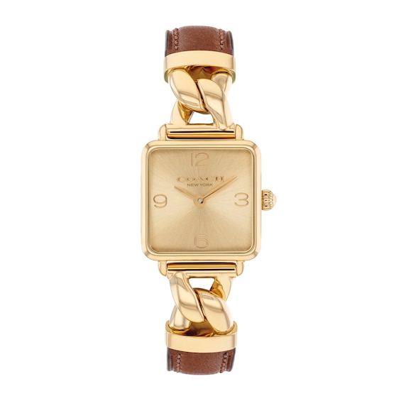 Ladies' Coach Cass Gold-Tone IP Square Watch with Gold-Tone Dial and Brown Leather Strap (Model: 14504555)