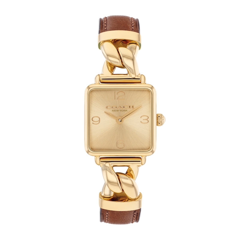 Main Image 1 of Ladies' Coach Cass Gold-Tone IP Square Watch with Gold-Tone Dial and Brown Leather Strap (Model: 14504555)