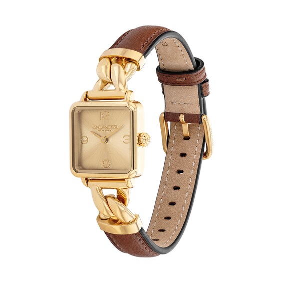 Ladies' Coach Cass Gold-Tone IP Square Watch with Gold-Tone Dial and Brown Leather Strap (Model: 14504555)