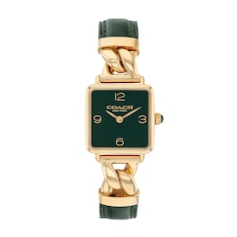 Ladies' Coach Cass Gold-Tone IP Square Watch with Green Dial and Green Leather Strap (Model: 14504557)