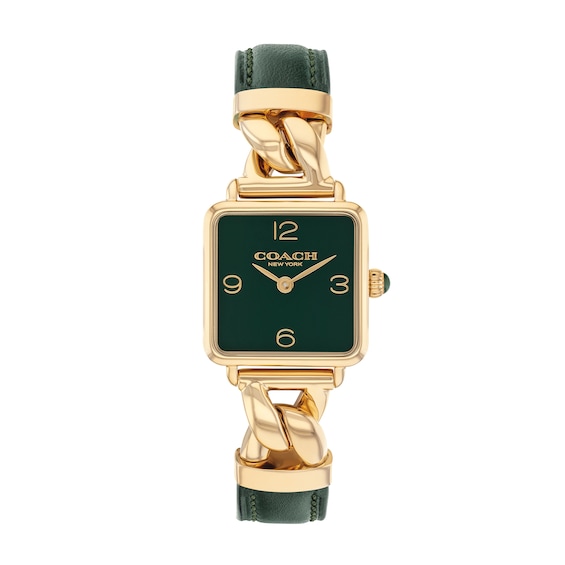 Ladies' Coach Cass Gold-Tone IP Square Watch with Green Dial and Green Leather Strap (Model: 14504557)
