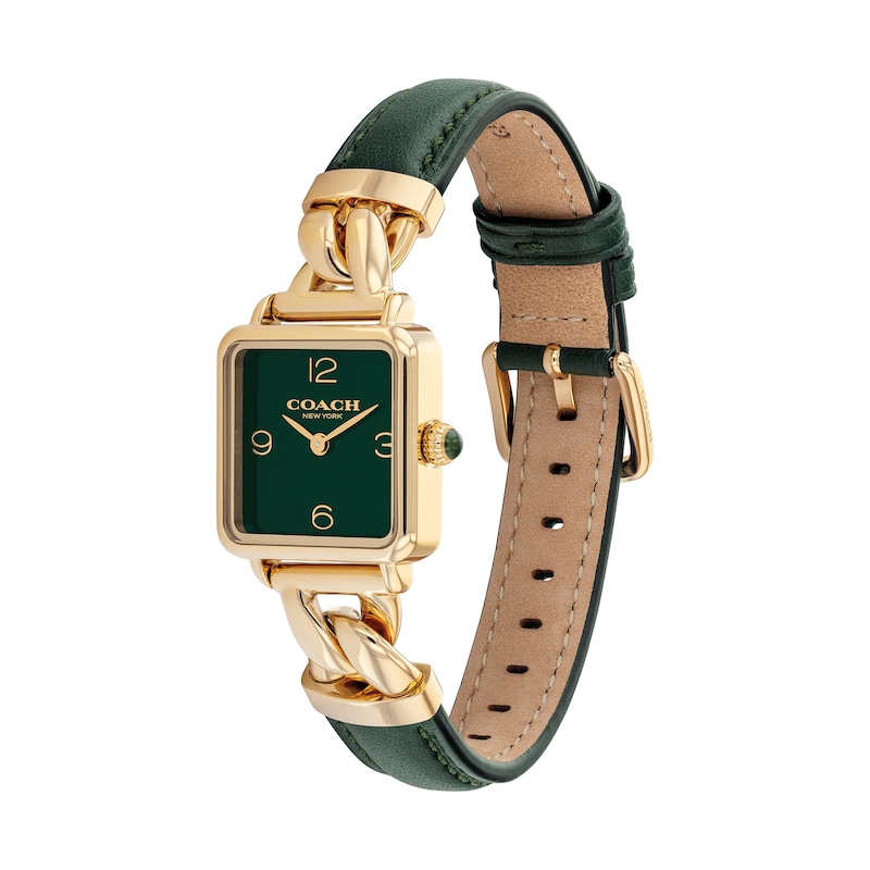 Main Image 2 of Ladies' Coach Cass Gold-Tone IP Square Watch with Green Dial and Green Leather Strap (Model: 14504557)