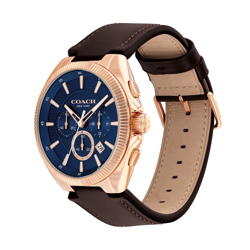Main Image 2 of Men's Coach Jackson Chronograph Rose-Tone IP Watch with Navy Blue Dial and Brown Leather Strap (Model: 14602745)