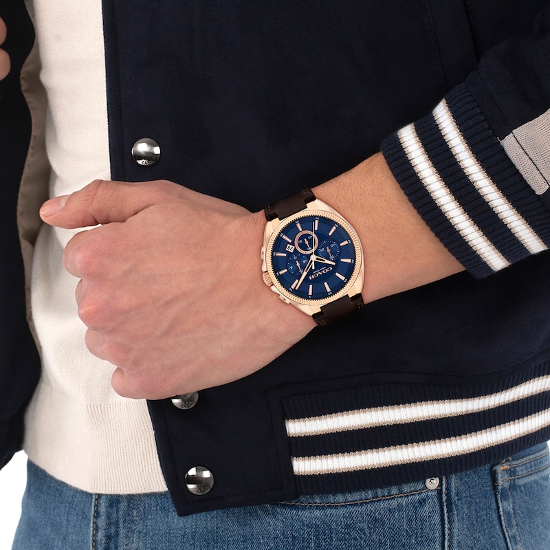 Main Image 4 of Men's Coach Jackson Chronograph Rose-Tone IP Watch with Navy Blue Dial and Brown Leather Strap (Model: 14602745)