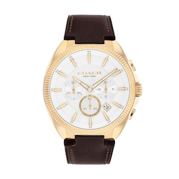 Men's Coach Jackson Chronograph Gold-Tone IP Watch with White Dial and Brown Leather Strap (Model: 14602746)