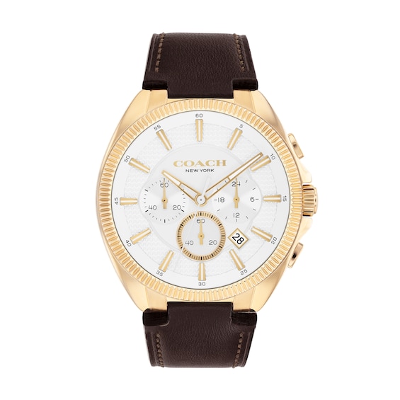 Men's Coach Jackson Chronograph Gold-Tone IP Watch with White Dial and Brown Leather Strap (Model: 14602746)