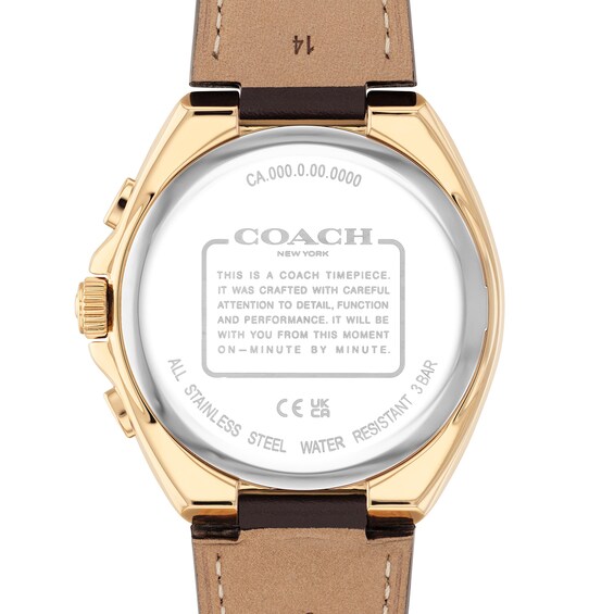 Men's Coach Jackson Chronograph Gold-Tone IP Watch with White Dial and Brown Leather Strap (Model: 14602746)