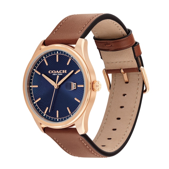 Men's Coach Oliver Rose-Tone IP Watch with Navy Textured Dial and Brown Leather Strap (Model: 14602755)