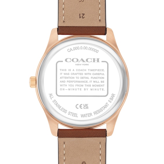Men's Coach Oliver Rose-Tone IP Watch with Navy Textured Dial and Brown Leather Strap (Model: 14602755)