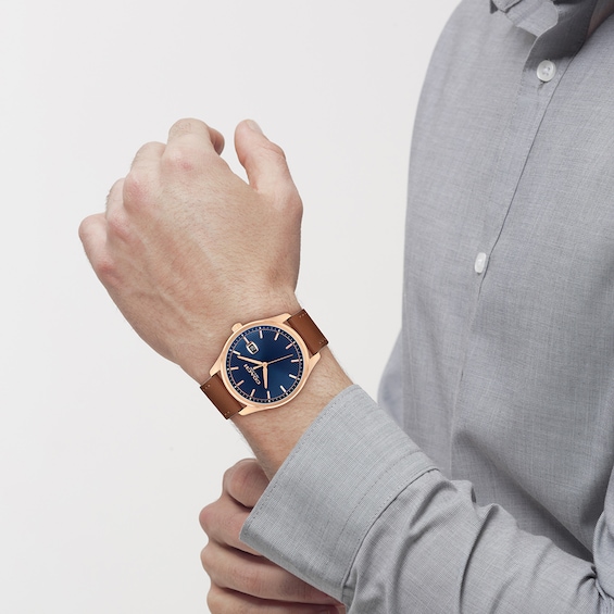 Men's Coach Oliver Rose-Tone IP Watch with Navy Textured Dial and Brown Leather Strap (Model: 14602755)