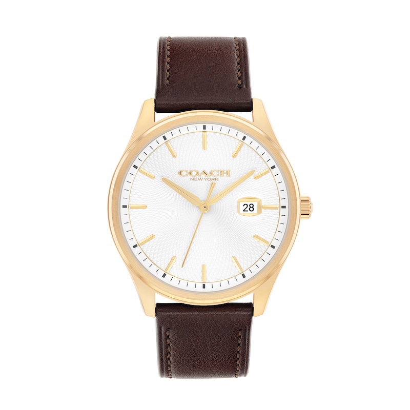 Main Image 1 of Men's Coach Oliver Gold-Tone IP Watch with White Textured Dial and Brown Leather Strap (Model: 14602756)