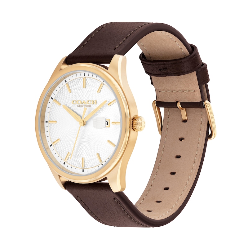 Main Image 2 of Men's Coach Oliver Gold-Tone IP Watch with White Textured Dial and Brown Leather Strap (Model: 14602756)