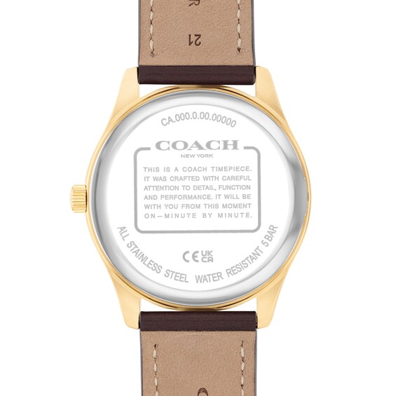 Men's Coach Oliver Gold-Tone IP Watch with White Textured Dial and Brown Leather Strap (Model: 14602756)