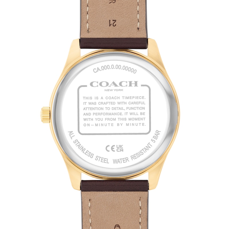 Main Image 3 of Men's Coach Oliver Gold-Tone IP Watch with White Textured Dial and Brown Leather Strap (Model: 14602756)