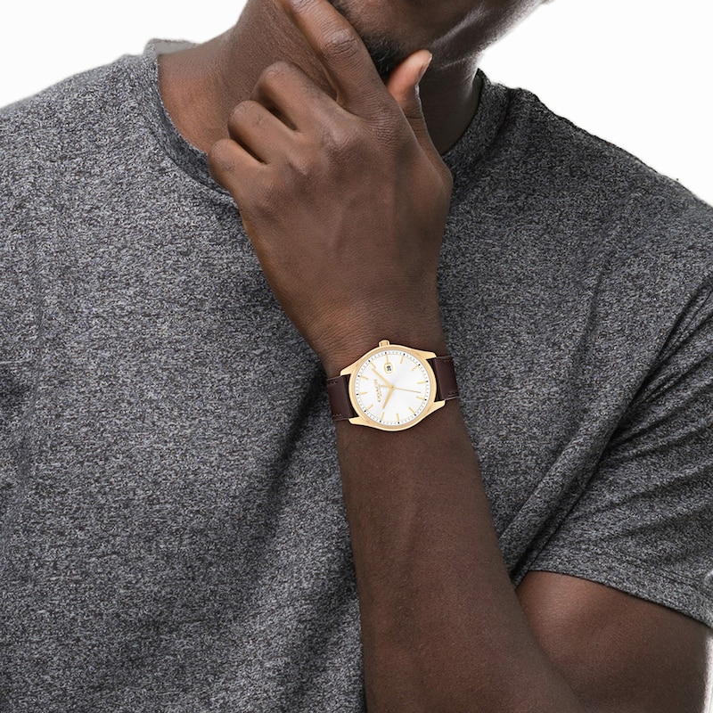 Main Image 4 of Men's Coach Oliver Gold-Tone IP Watch with White Textured Dial and Brown Leather Strap (Model: 14602756)