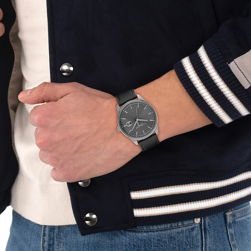 Main Image 4 of Men's Coach Oliver Gray IP Watch with Gray Textured Dial and Black Leather Strap (Model: 14602758)