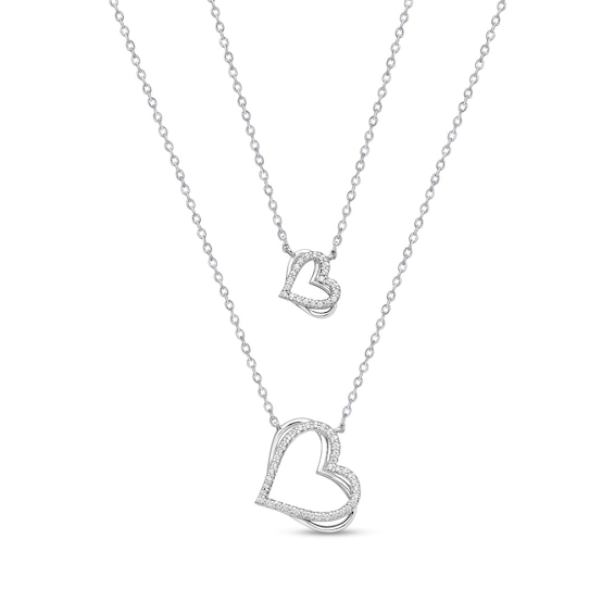 1/5 CT. T.w. Diamond and Blue Sapphire Double-Heart Layered Necklace in 10K White Gold